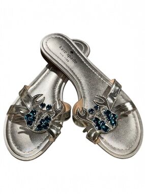 Kate Spade Silver Jeweled Crab Embellished Slide Sandals Size 8